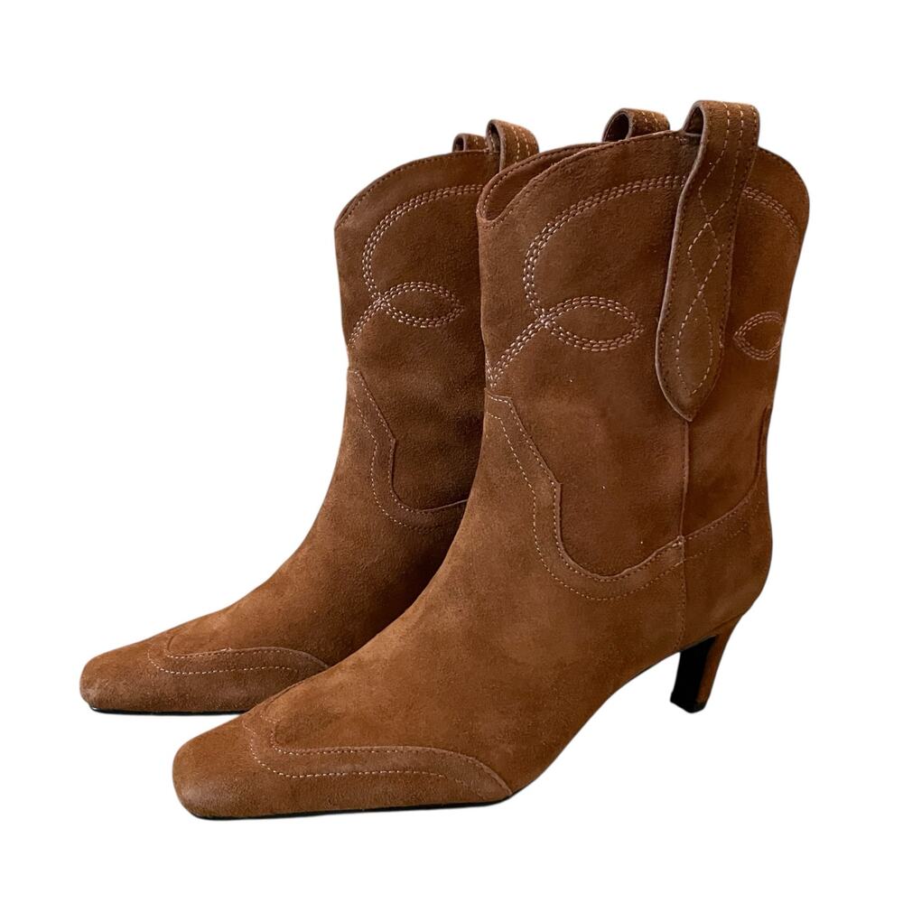 Black Suede Studio Suede Western Booties Women's US 8 Cela Snip Toe Brown NEW - Picture 5 of 16